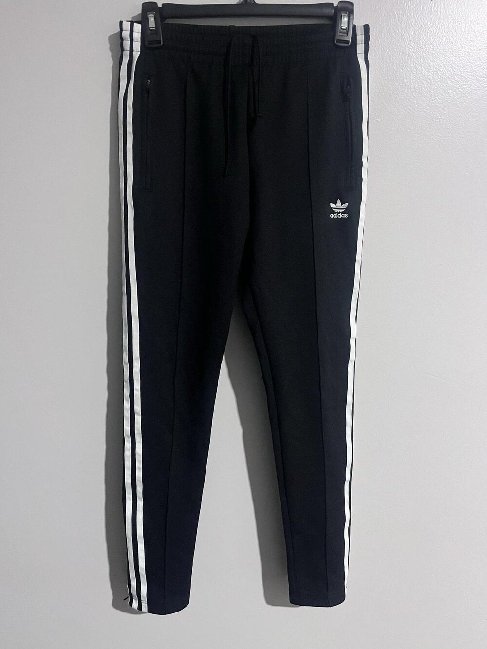Adidas Track Pants Womens XS Black Slim Tapered Side Stripe Drawstring Pockets